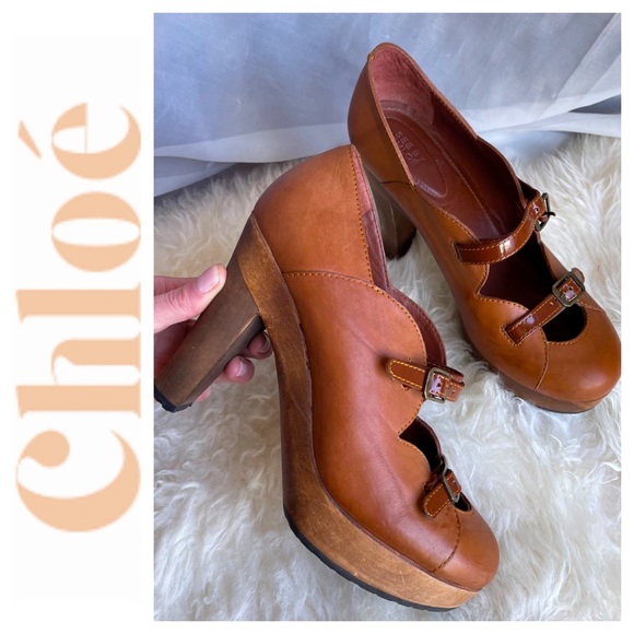 Chloe Shoes - Chloe Wood Heel Buckle Bootie Brown Tan Leather Heels